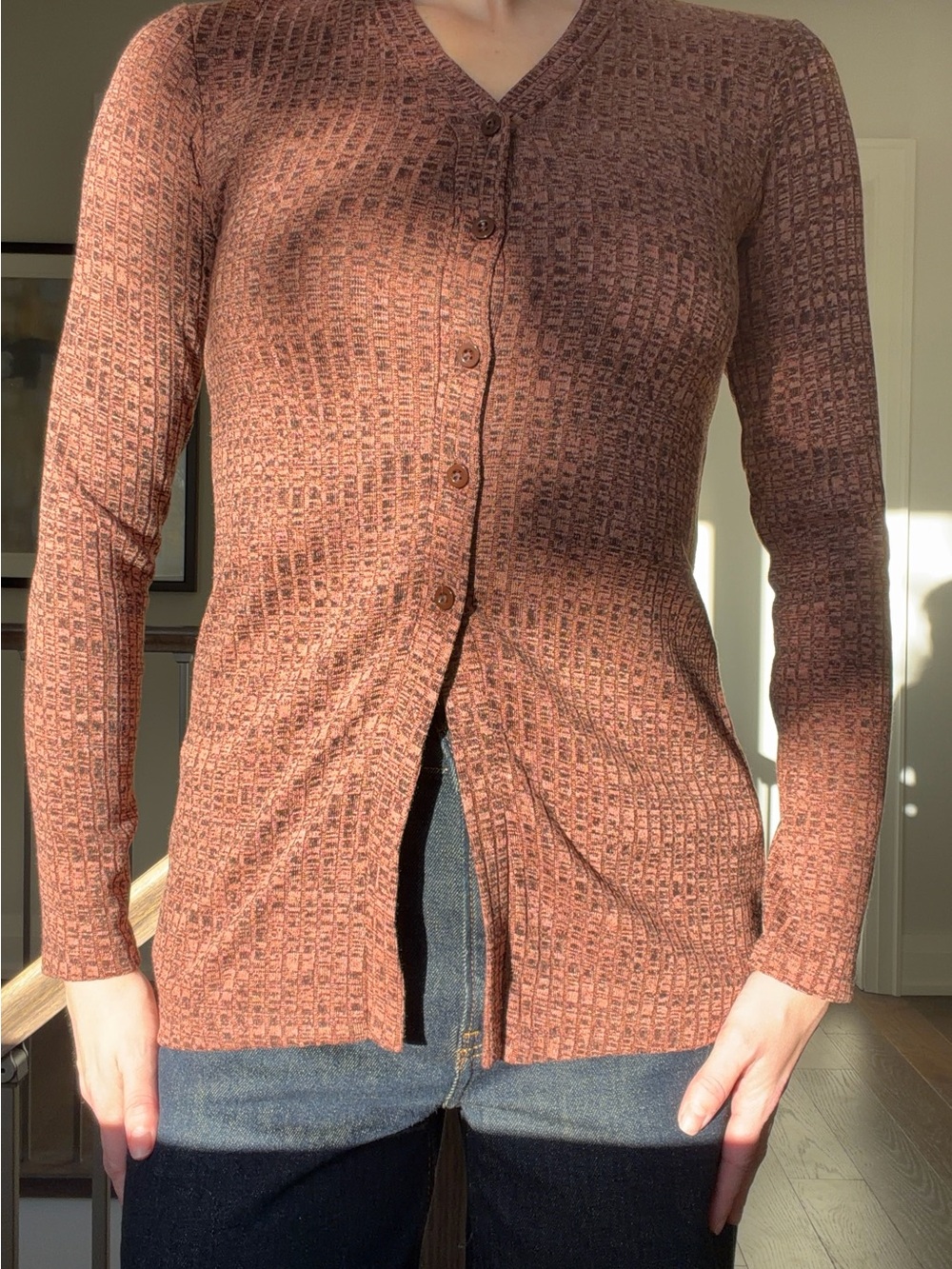 New Look Rust-Tone Ribbed Button Cardigan